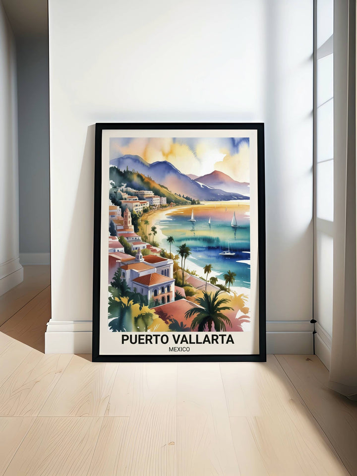Vertical watercolor art print of a Puerto Vallarta street scene featuring the historic Parish of Our Lady of Guadalupe church steeple under a warm, diffused golden sunset sky.