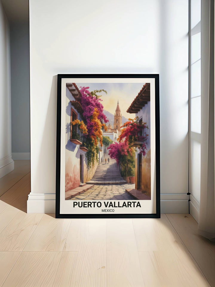 Vertical watercolor art print of a historic Puerto Vallarta street scene featuring a prominent church steeple and vibrant pink bougainvillea under a soft golden sunset sky in Mexico.