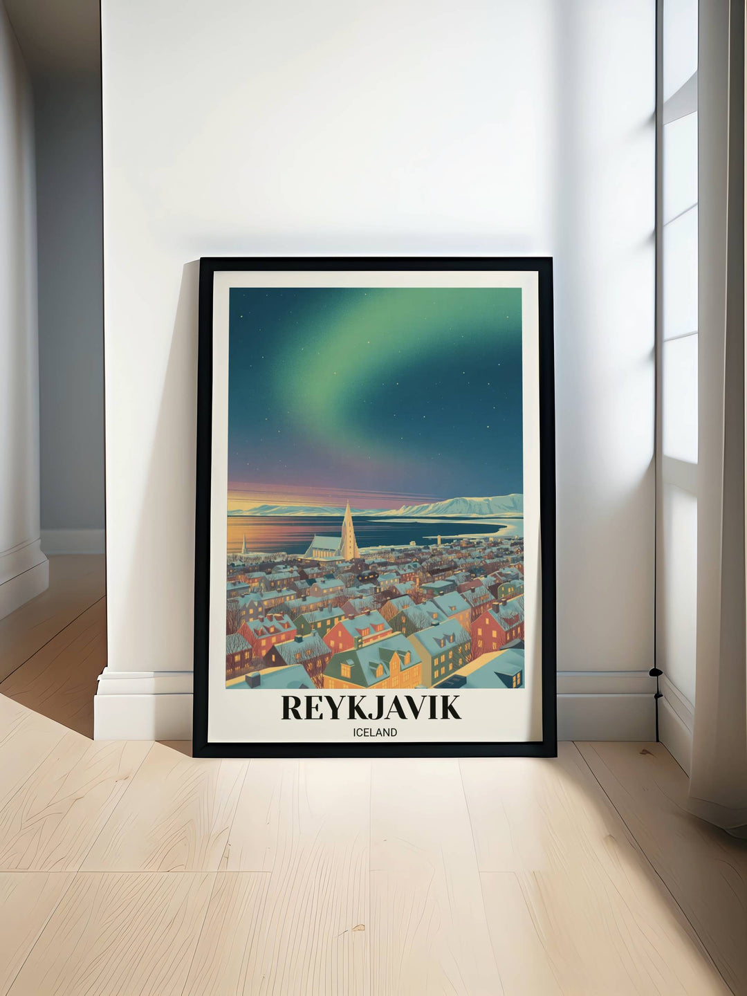 Vertical art print of the Reykjavik cityscape at night with a teal aurora borealis dancing over the Hallgrimskirkja church tower and snowy urban rooftops.