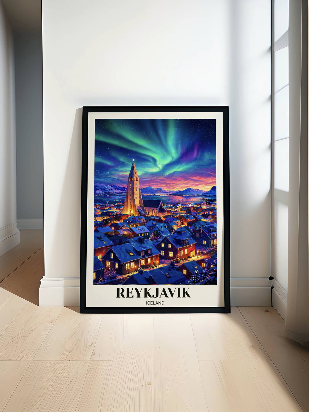 High-contrast Iceland travel poster showing snow-covered Reykjavik buildings with warm lit windows under a dramatic starry night sky and vibrant swirling Northern Lights.