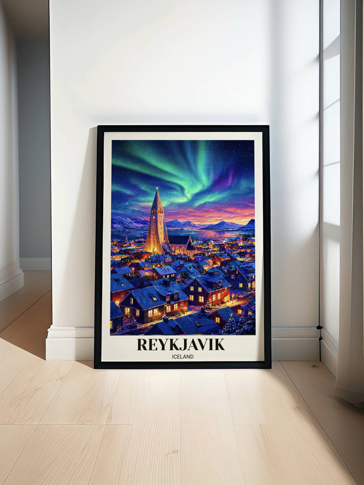 High-contrast Iceland travel poster showing snow-covered Reykjavik buildings with warm lit windows under a dramatic starry night sky and vibrant swirling Northern Lights.