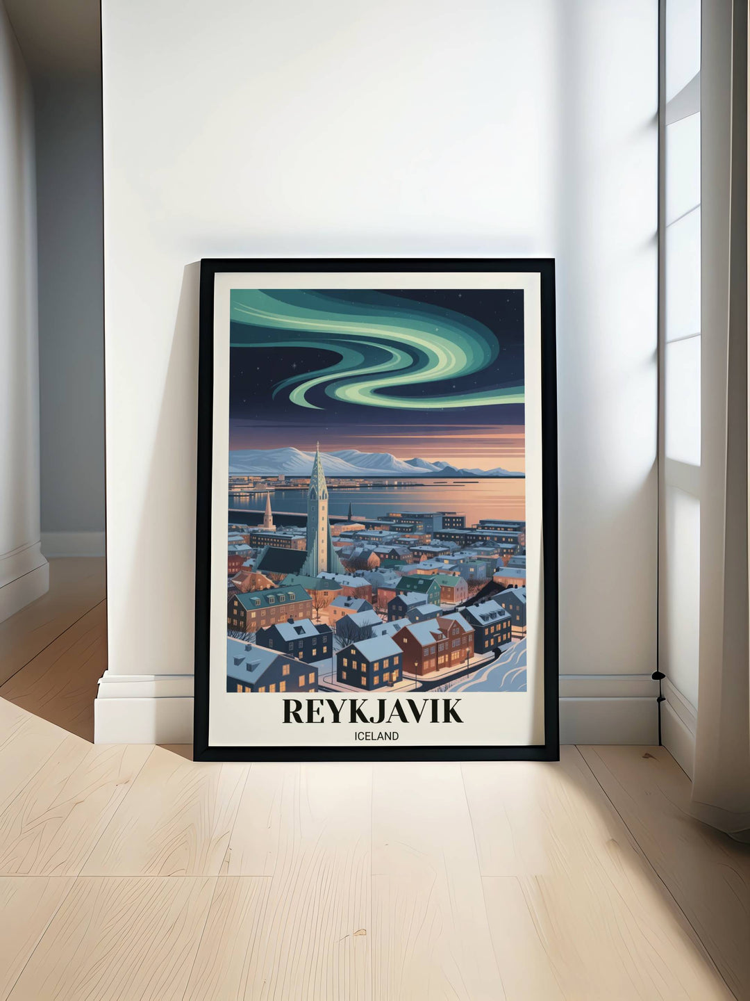 Vertical art print of Reykjavik Iceland featuring a high-contrast neon green and purple aurora over the glowing Hallgrimskirkja church.