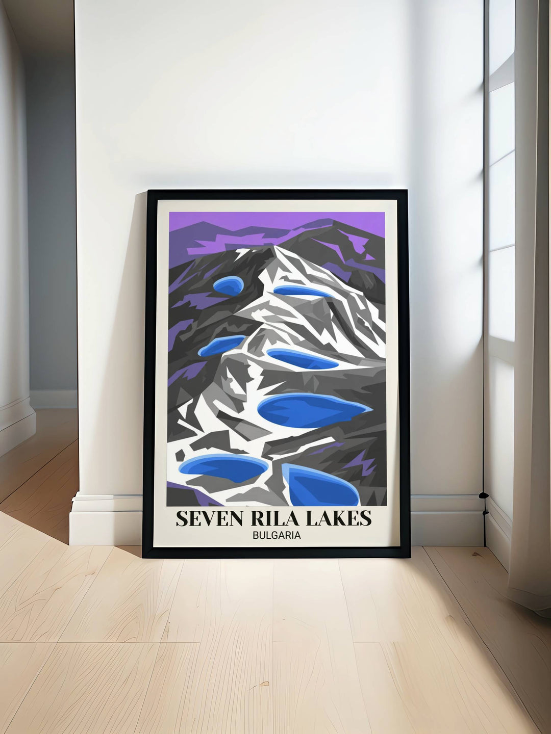 Modern minimalist Rila Lakes Bulgaria travel poster with bold geometric alpine design, electric blues, white peaks, forest greens, mountain purples, clean lines, contemporary style