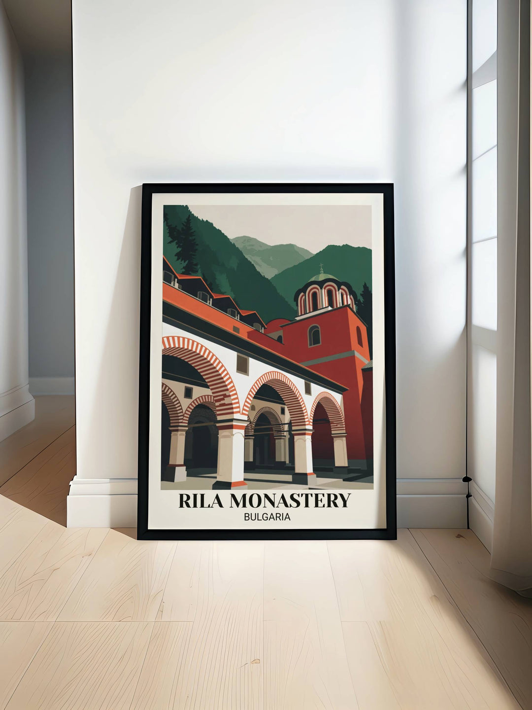 Modern minimalist Rila Monastery Bulgaria travel poster with bold geometric red and white striped arches, deep forest green mountains, clean lines, and contemporary flat design