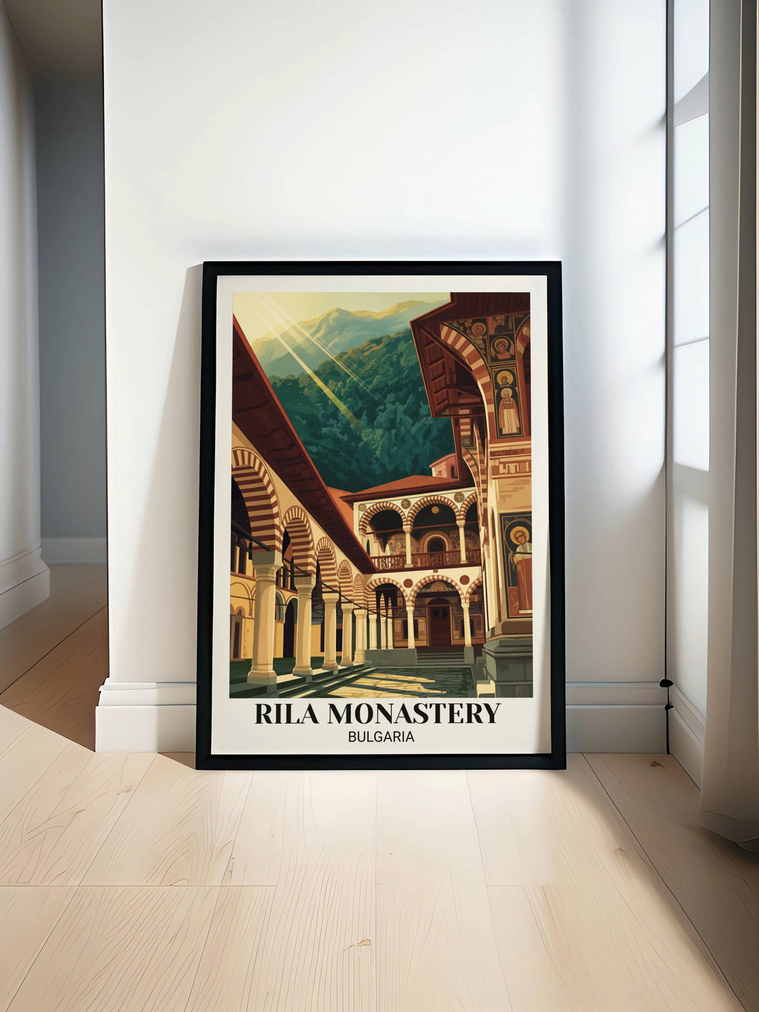 Vintage Rila Monastery Bulgaria travel poster showing red and white striped arches, Byzantine courtyard architecture, ornate frescoes, mountain backdrop, and golden hour spiritual light