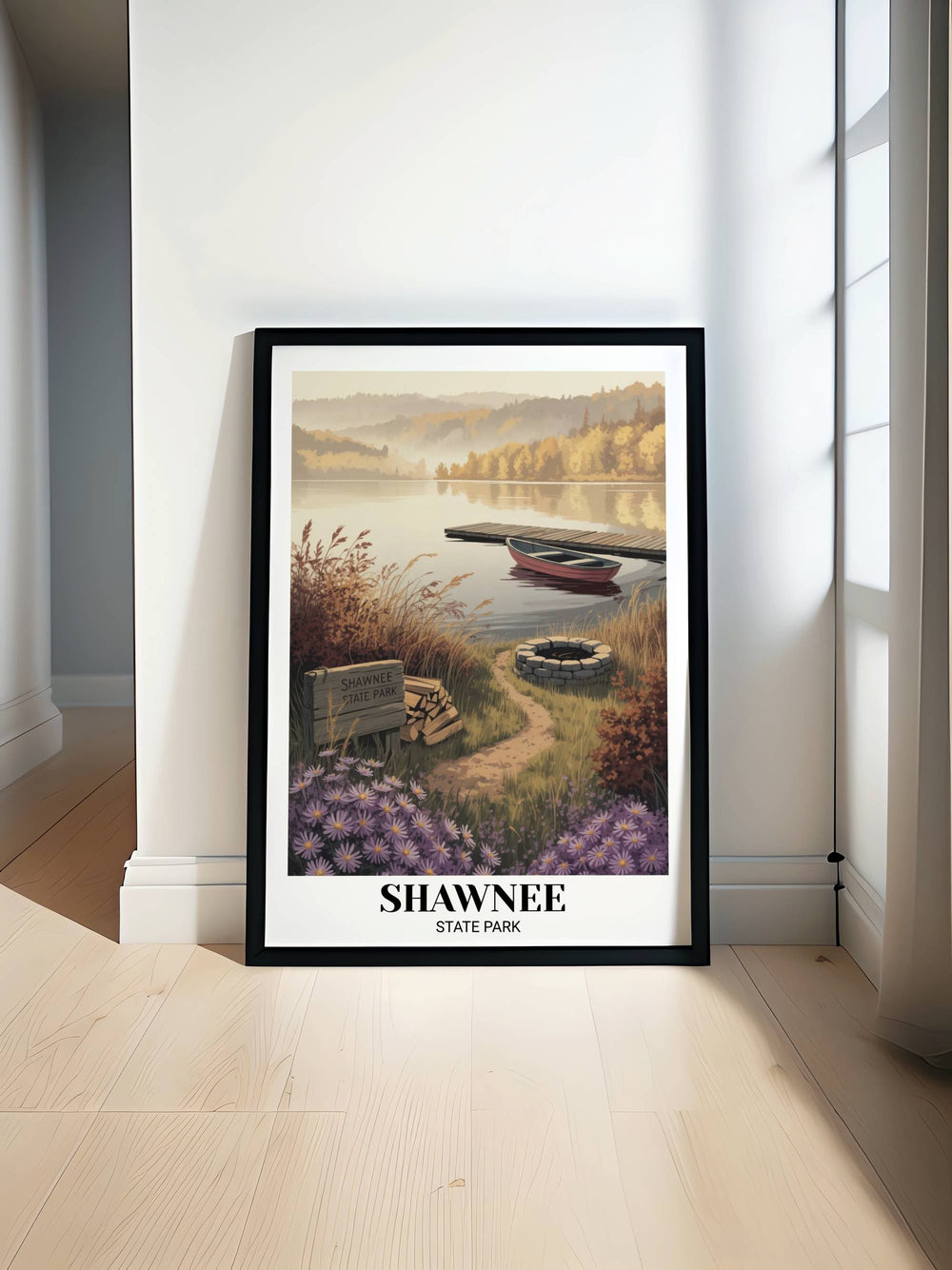 Cozy Ohio nature wall decor showing a peaceful lakeside scene at Shawnee State Park with golden morning fog and vibrant autumn forest hills in a professional gallery-matted look.