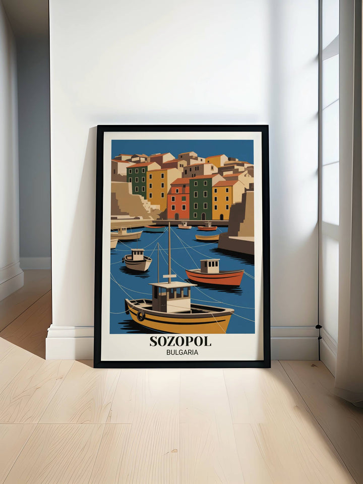 Modern minimalist Sozopol Bulgaria travel poster with bold geometric harbor, fishing boats, colorful buildings, striking mustard and orange colors, and contemporary design
