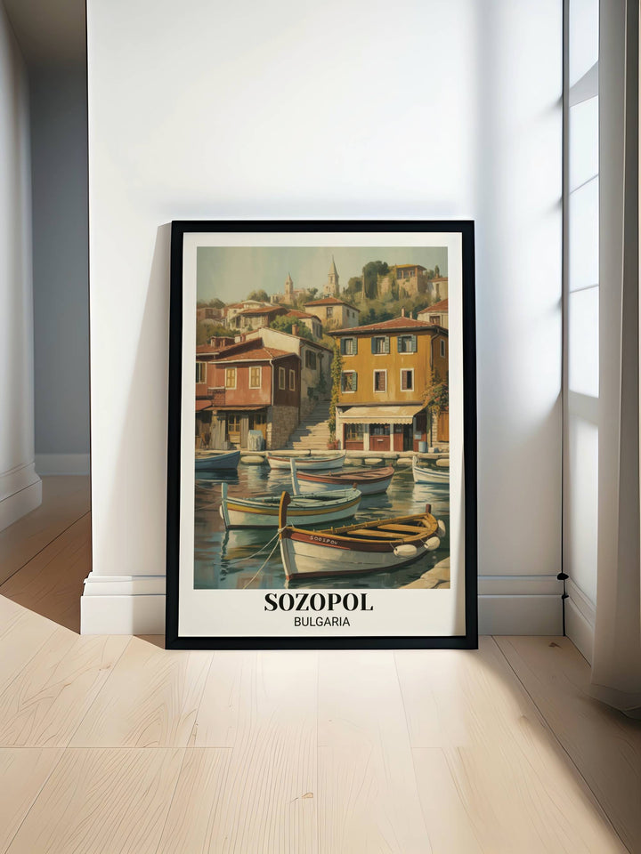 Vintage Sozopol Bulgaria travel poster showing ancient harbor with traditional fishing boats, colorful waterfront buildings, narrow streets, and bohemian Mediterranean coastal charm