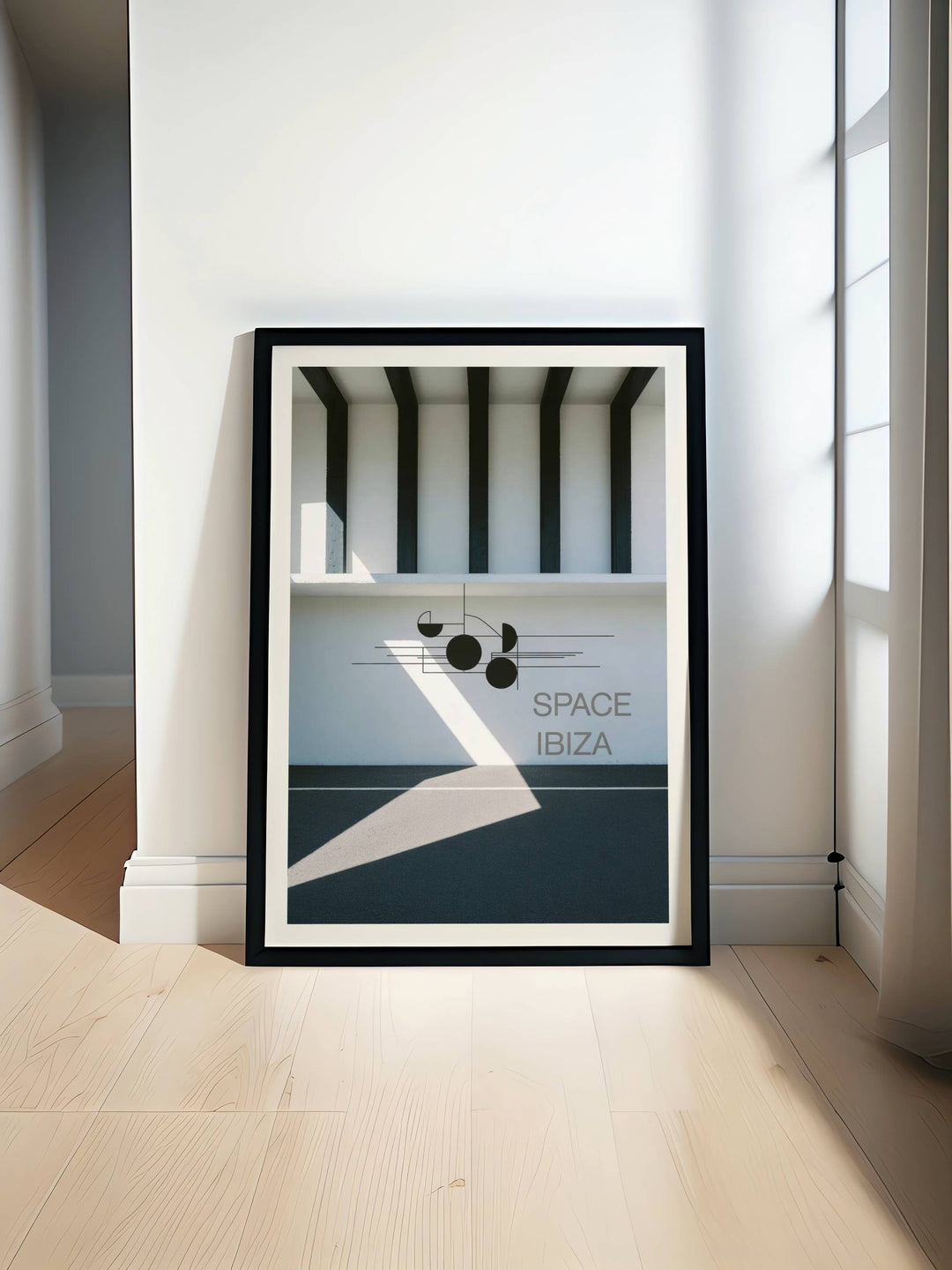 Upgrade your interior with this Map Your Dreams Space Ibiza Minimalist art print, featuring Bauhaus-inspired architecture and sharp diagonal shadows.