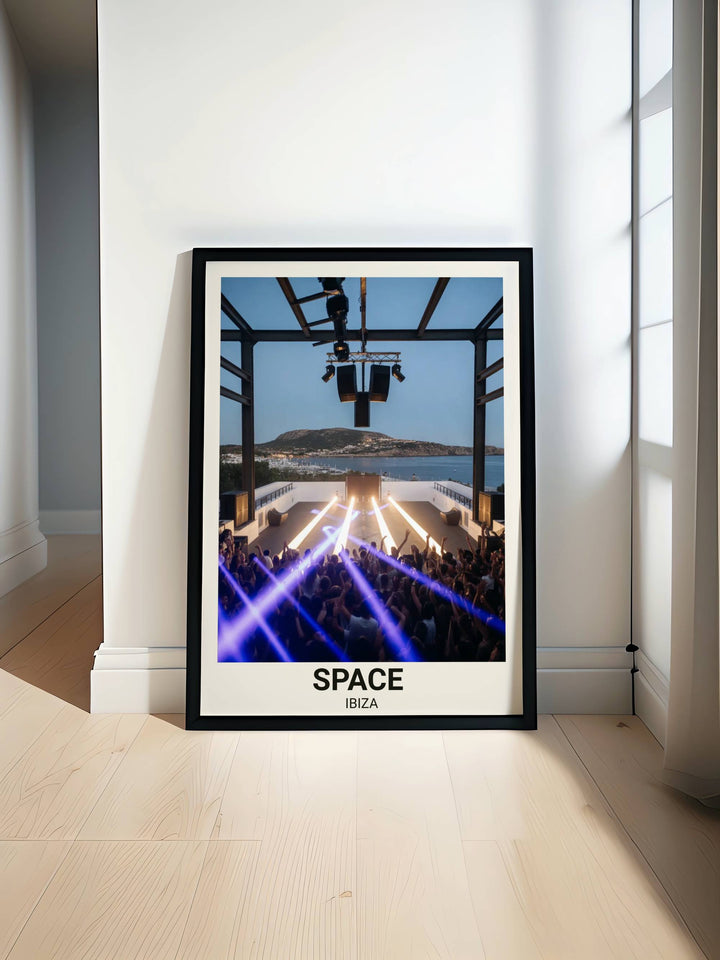 Relive the legend with this Map Your Dreams Space Ibiza "The Terrace" art print, featuring the iconic lighting rig and a 360-degree Mediterranean view.