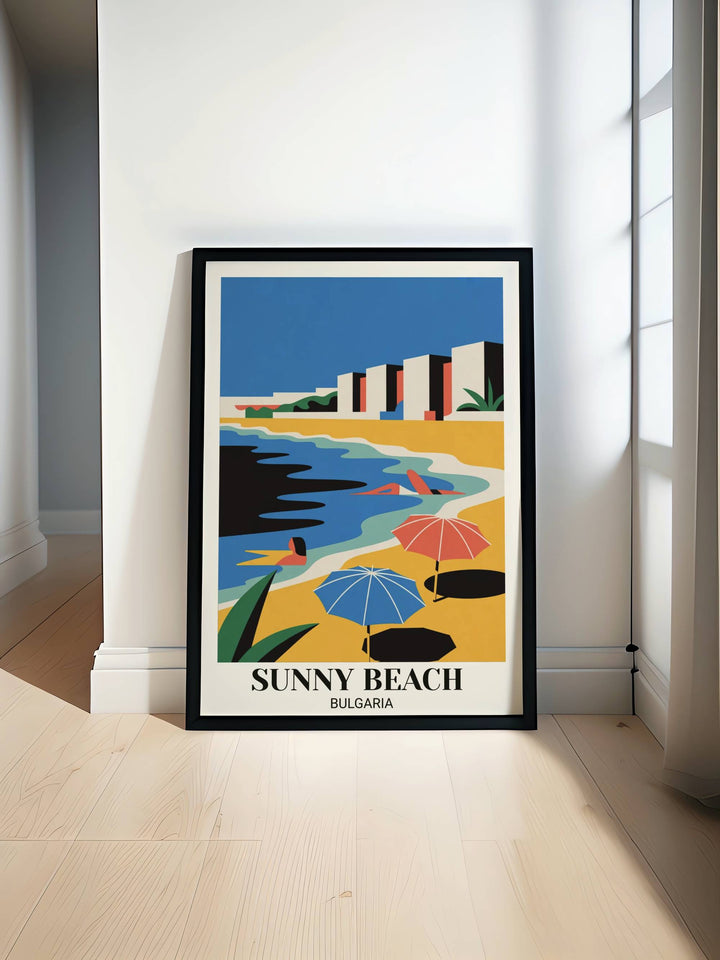 Contemporary minimalist Sunny Beach poster with bold geometric beach elements, striking color contrasts, umbrellas, swimmers, turquoise waters, and modern digital illustration