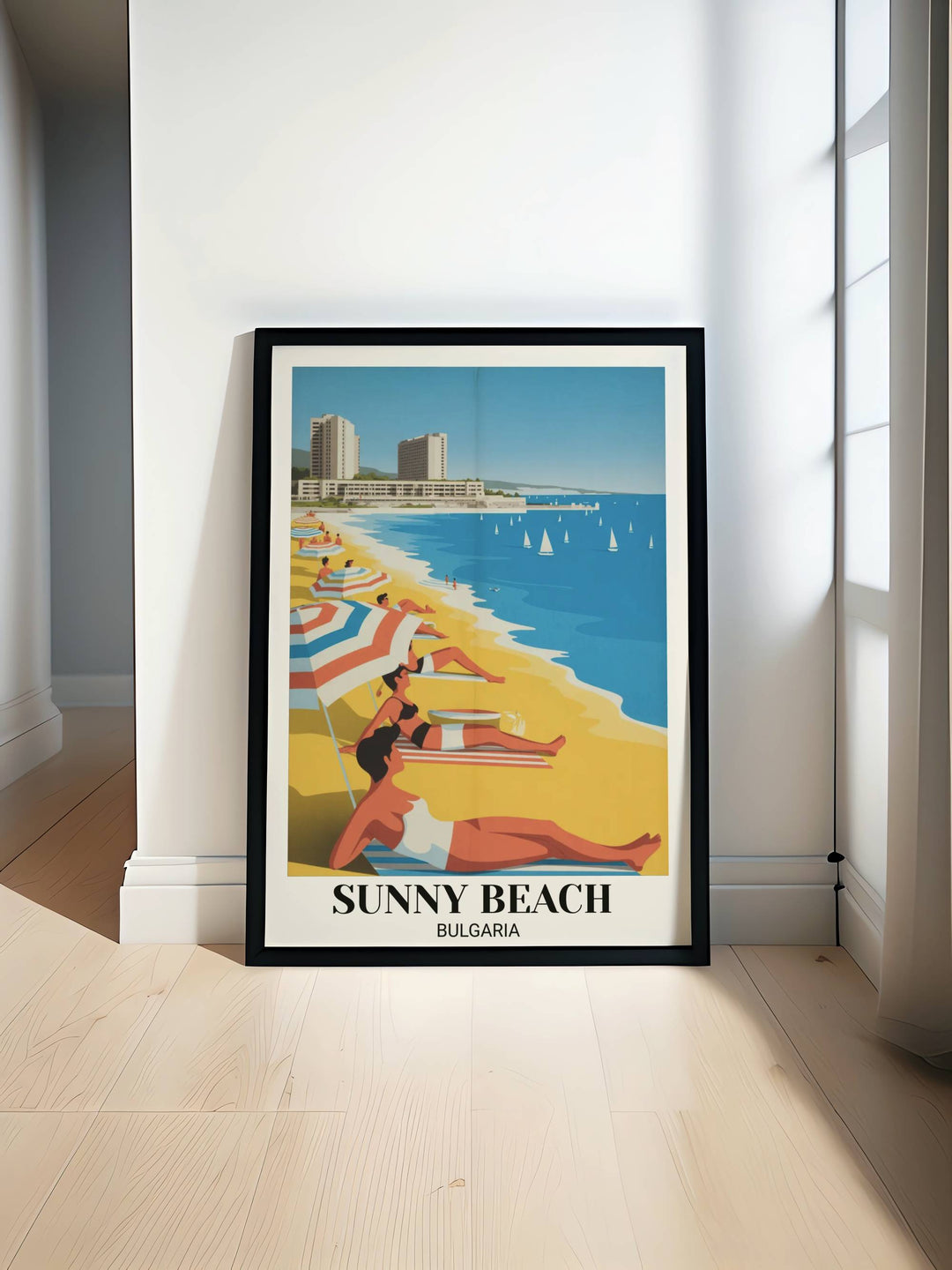 Vintage Sunny Beach Bulgaria travel poster showing 1960s-70s retro resort, colorful umbrellas, beachgoers in period swimwear, turquoise sea, sailboats, and cheerful vacation mood