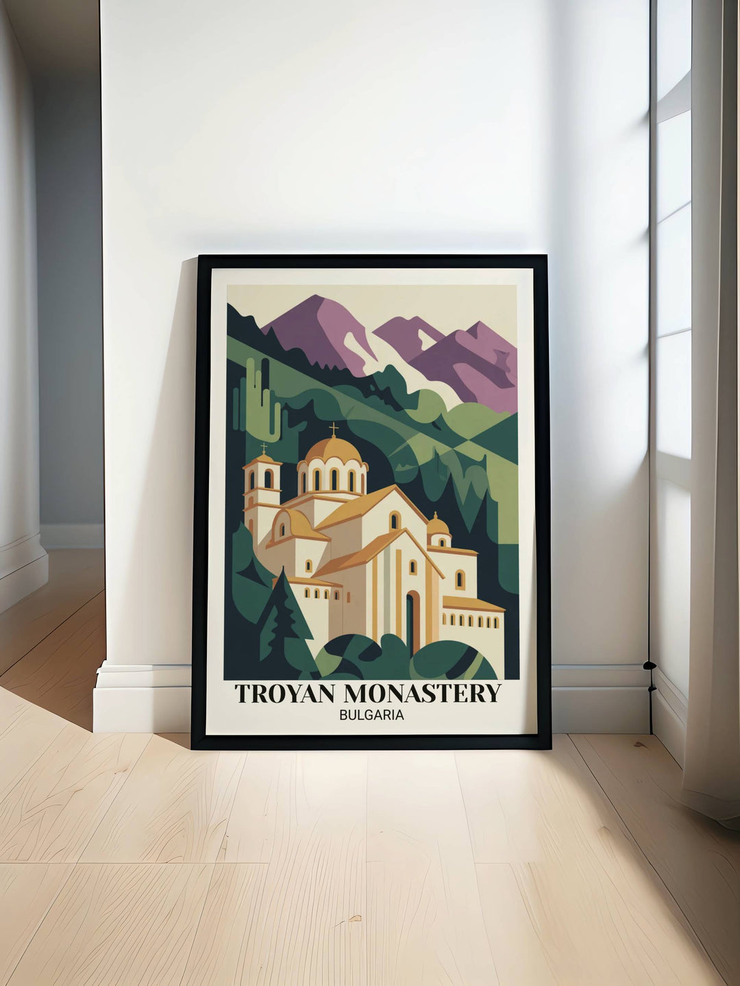 Modern minimalist Troyan Monastery Bulgaria travel poster with bold geometric sacred architecture, deep forest greens, golden accents, cream whites, clean lines, and contemporary style