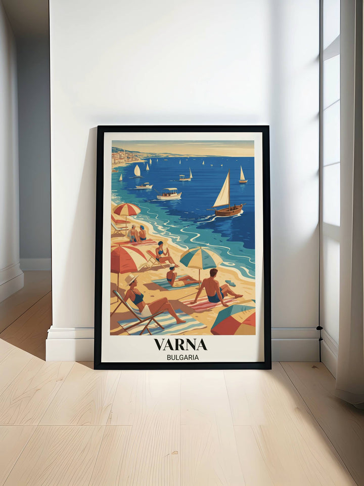 Vintage 1950s Varna Bulgaria travel poster showing Black Sea coastline with golden beaches, colorful umbrellas, white sailboats, fishing vessels, and warm sunset tones in retro style