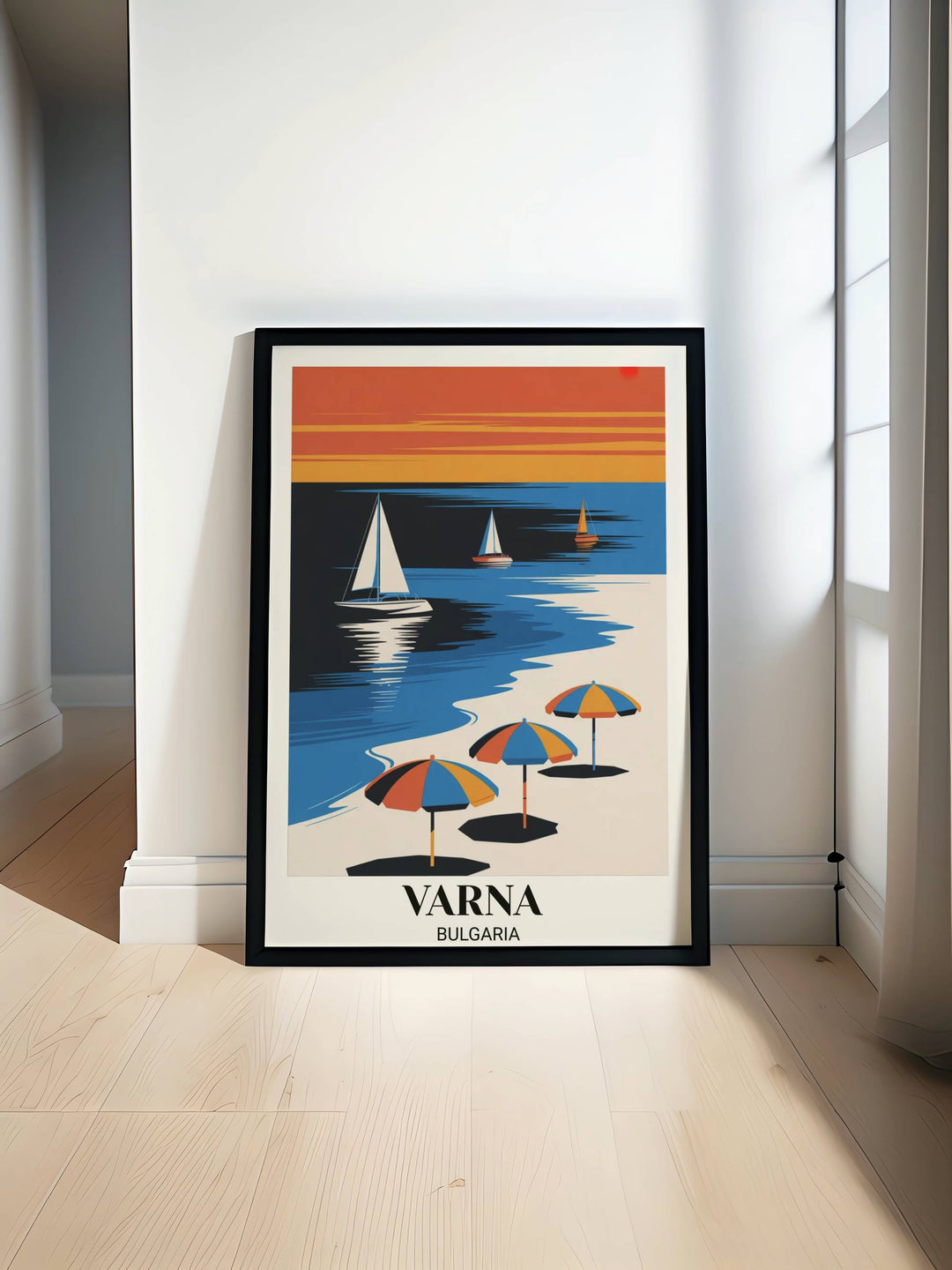 Modern minimalist Varna Bulgaria travel poster with bold geometric design, electric blue sea, vibrant orange sunset, stylized sailboats, beach umbrellas, clean linework and contemporary color