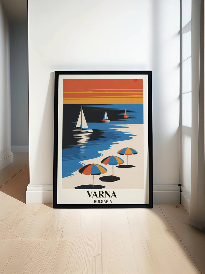Modern minimalist Varna Bulgaria travel poster with bold geometric design, electric blue sea, vibrant orange sunset, stylized sailboats, beach umbrellas, clean linework and contemporary color
