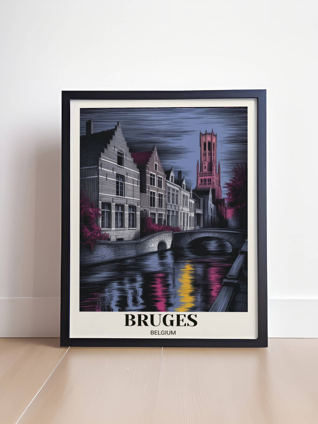 Modern Belgium travel poster of Bruges with Venice of the North text, showing high-contrast pink and gold water reflections and detailed Gothic architecture in an etched style.