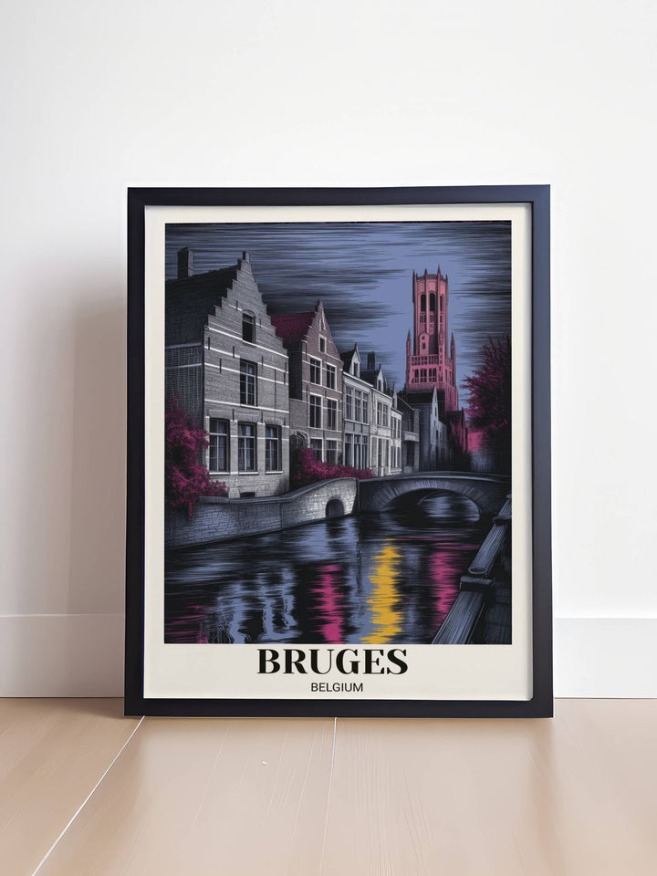 Modern Belgium travel poster of Bruges with Venice of the North text, showing high-contrast pink and gold water reflections and detailed Gothic architecture in an etched style.