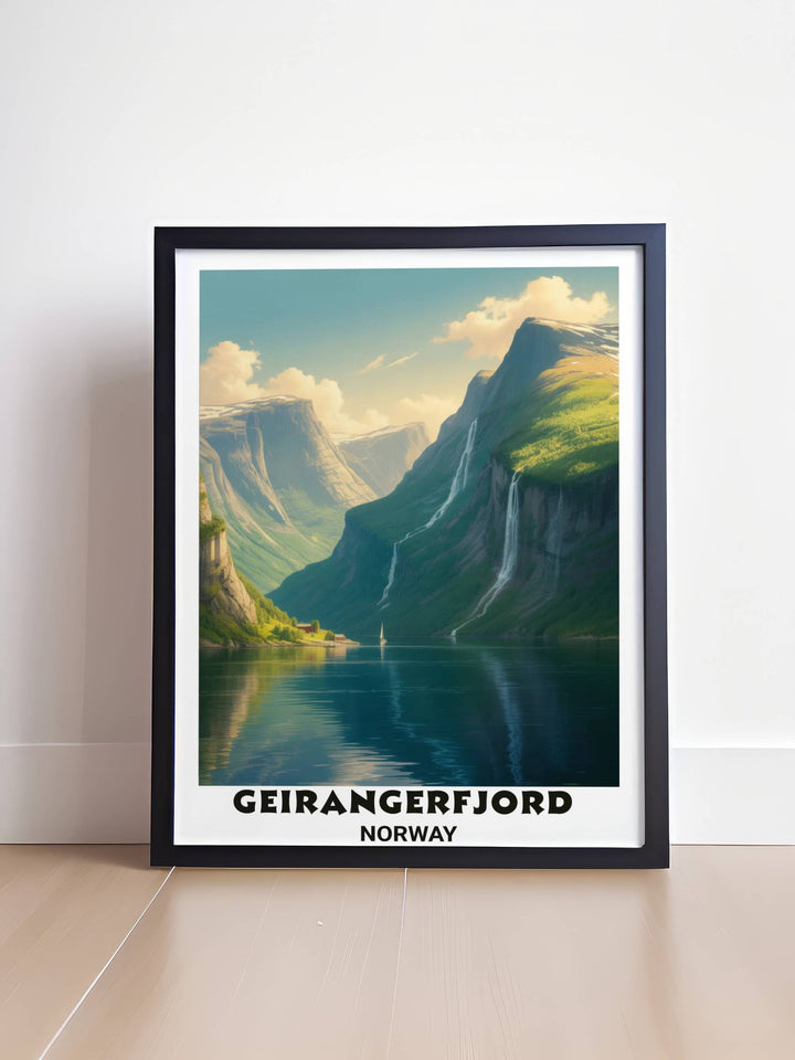 A vertical digital illustration of Geirangerfjord Norway featuring monumental mountain peaks and twin waterfalls cascading into a serene reflective fjord with a vintage cream border.