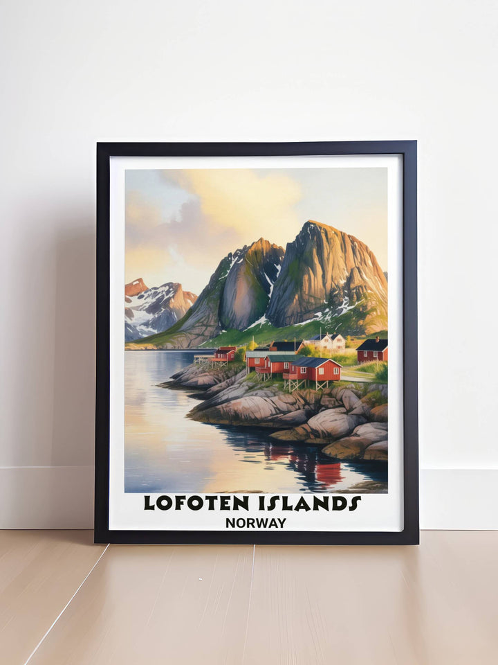 A coastal Norway travel poster for MapYourDreams featuring a peaceful morning landscape with traditional stilted cabins nestled beneath massive vertical peaks in the North.