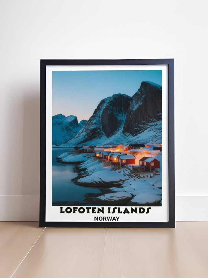 Vertical winter mountain wall art for home interiors depicting the breathtaking scale of the Arctic wilderness with layered snow depth and traditional red stilted architecture.