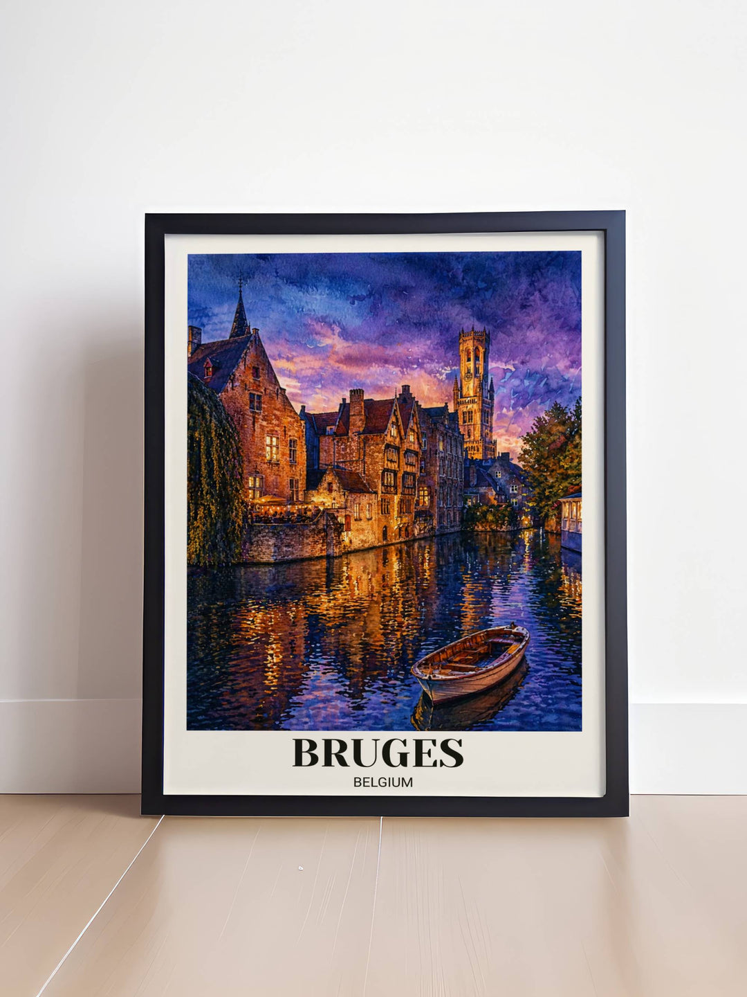 European city landscape art print of Bruges, Belgium, rendered in a soft watercolor technique with high-contrast sunset lighting, perfect for a romantic bedroom or office.