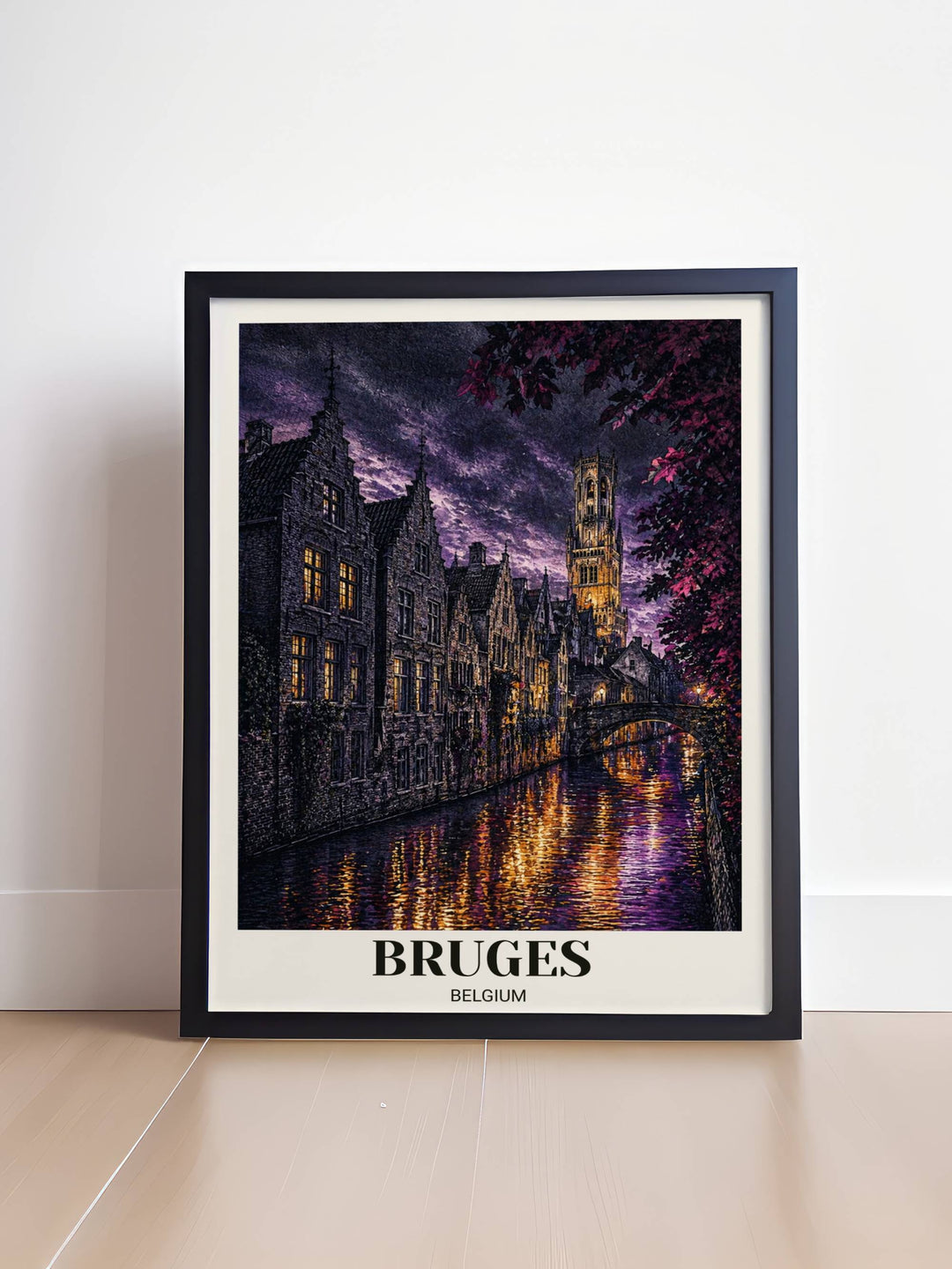 Luxury wall decor featuring the iconic Bruges canal and stone bridge at dusk, designed in a high-contrast color palette of deep navy and amber, available as a textured canvas.