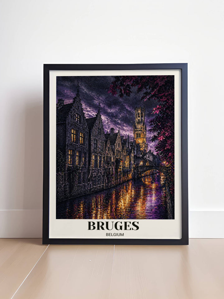 Luxury wall decor featuring the iconic Bruges canal and stone bridge at dusk, designed in a high-contrast color palette of deep navy and amber, available as a textured canvas.