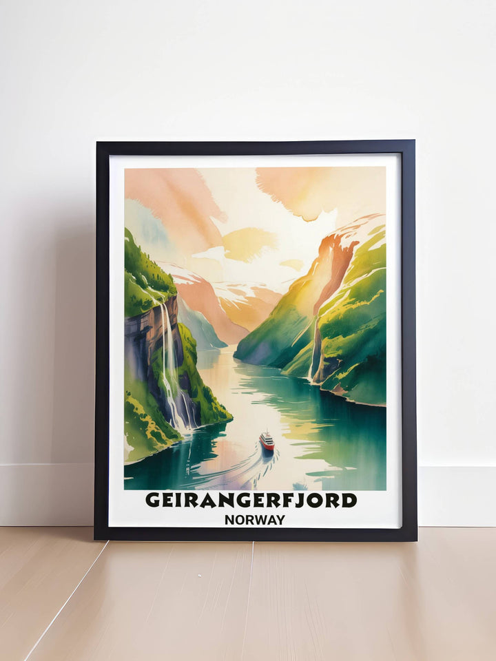 A coastal Norway travel poster for MapYourDreams featuring the serene beauty of the fjords with a focus on the Seven Sisters waterfalls and deep sapphire blue water reflections.