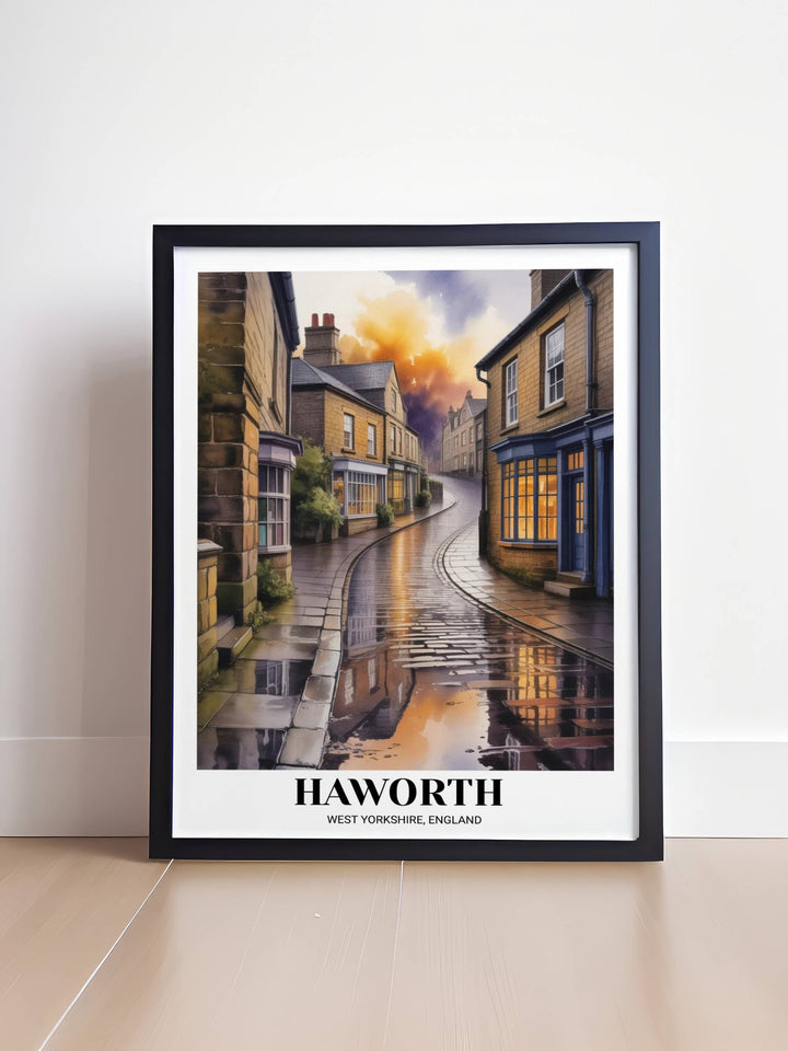 Modern watercolor print of an English village after rain, showcasing a glistening street and historic stone buildings in a gallery-ready matted presentation.