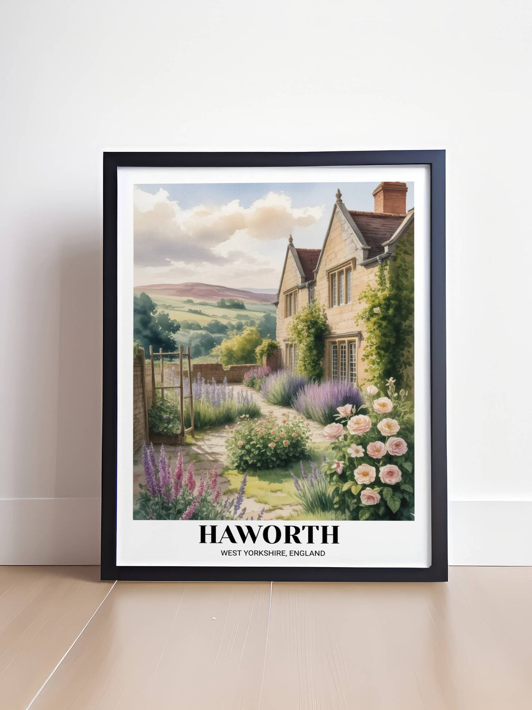 Soft botanical art print of the Brontë Parsonage in Haworth, showing the gritstone museum building through a flurry of summer flowers and greenery on matte paper.