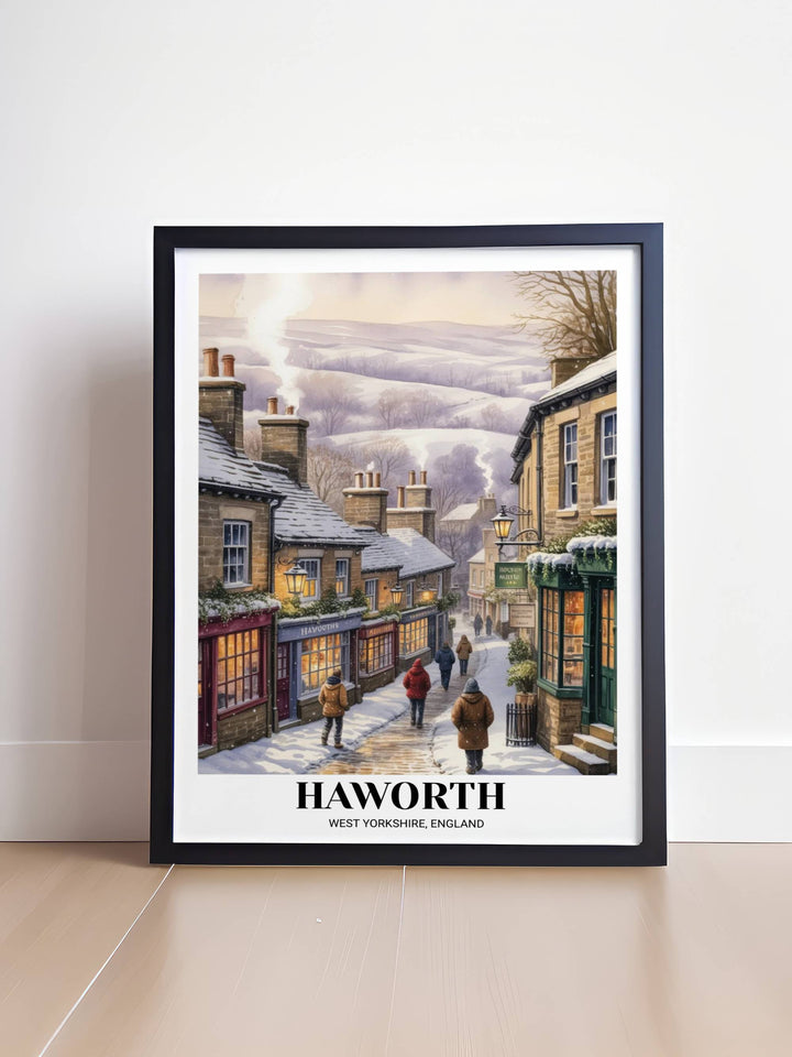 Sophisticated Yorkshire gift showing a snowy twilight in Bronte Country, capturing the "Dark Academia" aesthetic of Northern England in winter.