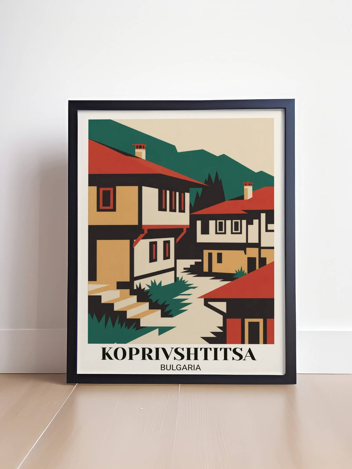 Contemporary Koprivshtitsa folk village art print showing geometric houses, bold red and cream colors, traditional architecture simplified, and minimalist illustration style