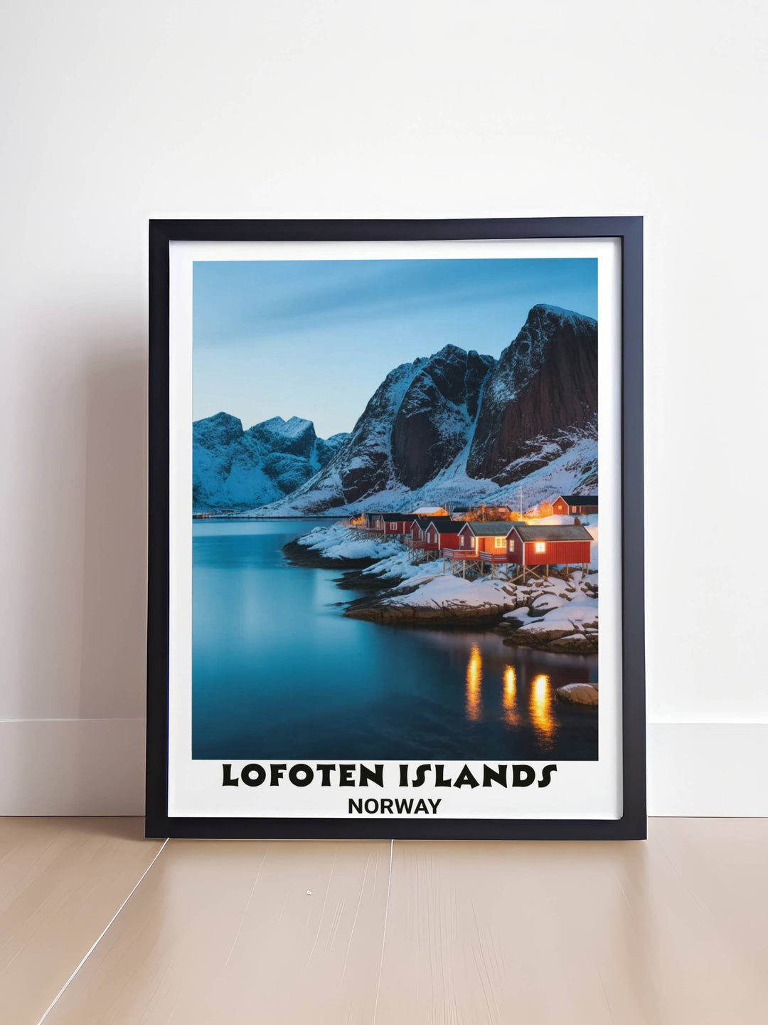 
Wanderlust travel poster art print of Lofoten Islands winter evening featuring dramatic mountain formations, glowing red Rorbue cabins, frozen fjord waters
