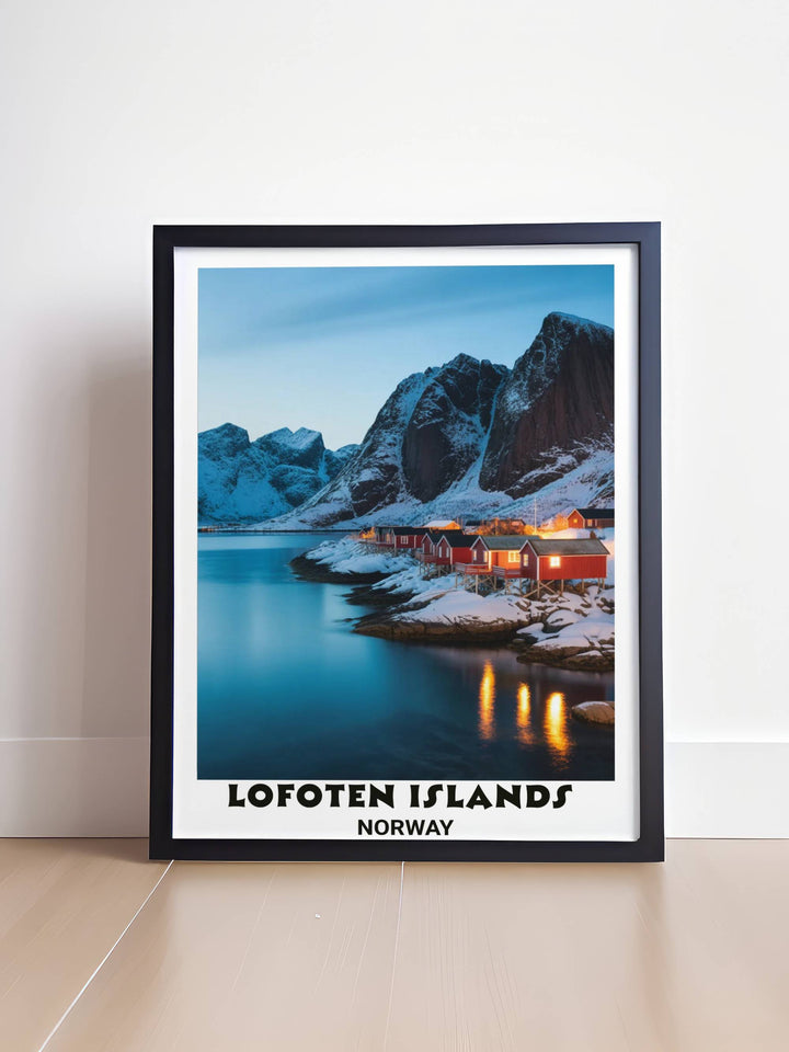 
Wanderlust travel poster art print of Lofoten Islands winter evening featuring dramatic mountain formations, glowing red Rorbue cabins, frozen fjord waters
