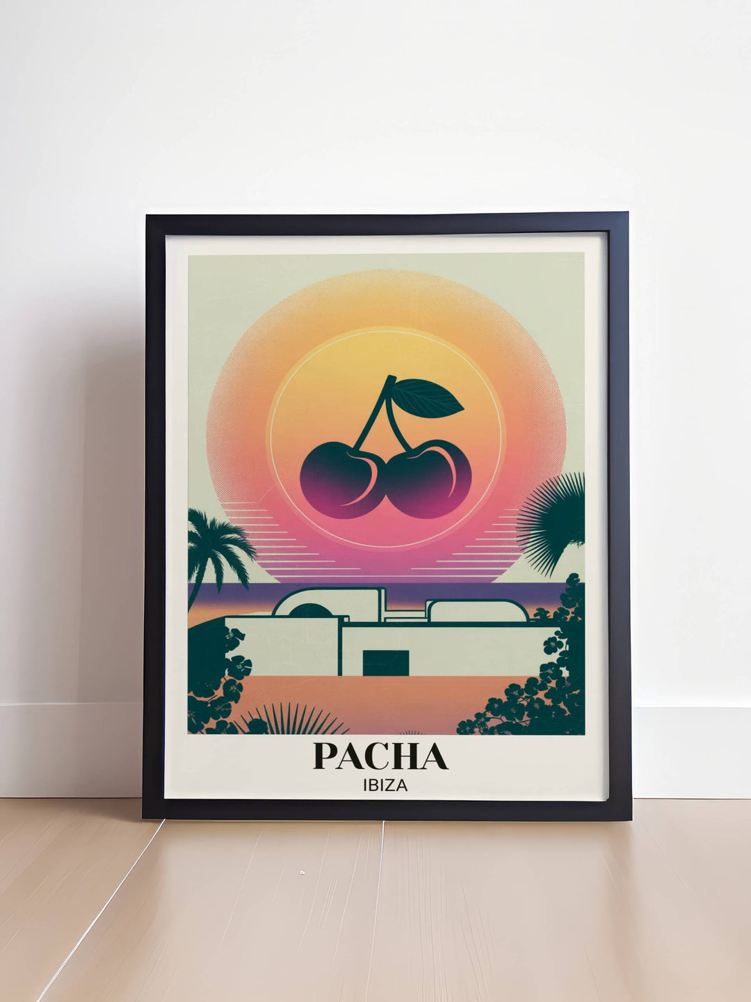 Shop Map Your Dreams for premium nightclub posters like this Pacha Ibiza icon, featuring a dreamy Mediterranean sunset, risograph textures, and the famous cherry logo.