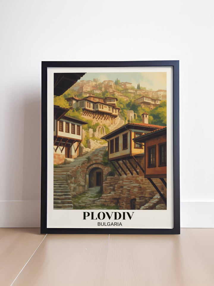 Vintage poster art of Plovdiv Bulgaria showing historic old town, traditional houses on hillside, cobblestone streets, Roman heritage, and intimate historic composition