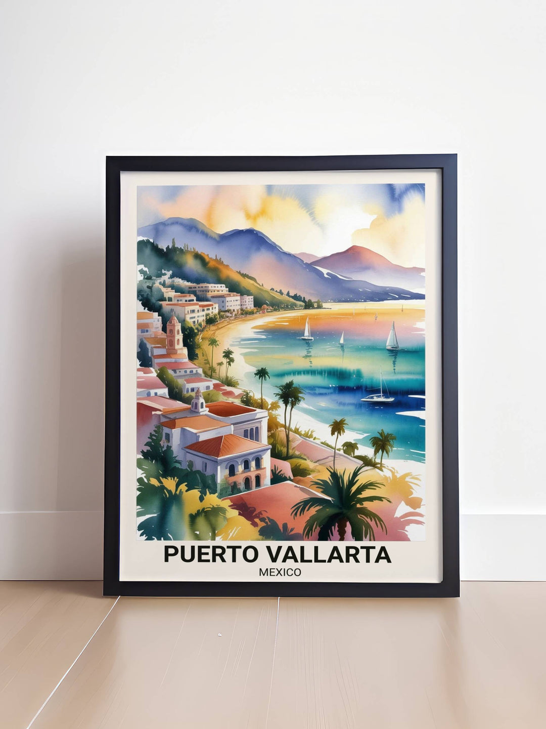Atmospheric travel gift for Mexico lovers showing the unique architecture of Puerto Vallarta with fluid watercolor textures and professional typography for a premium poster look.