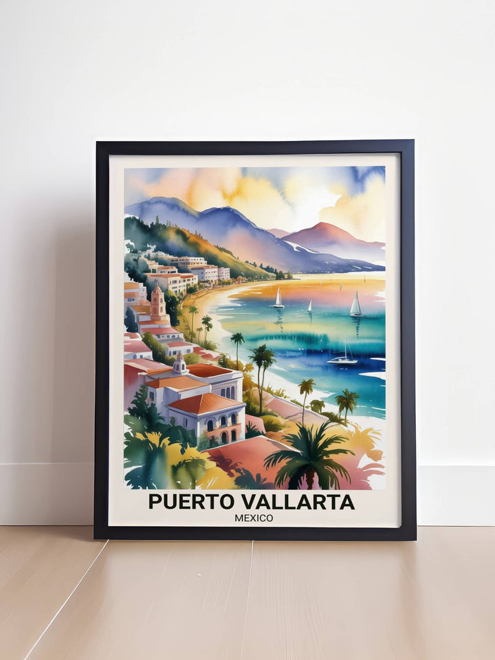 Atmospheric travel gift for Mexico lovers showing the unique architecture of Puerto Vallarta with fluid watercolor textures and professional typography for a premium poster look.