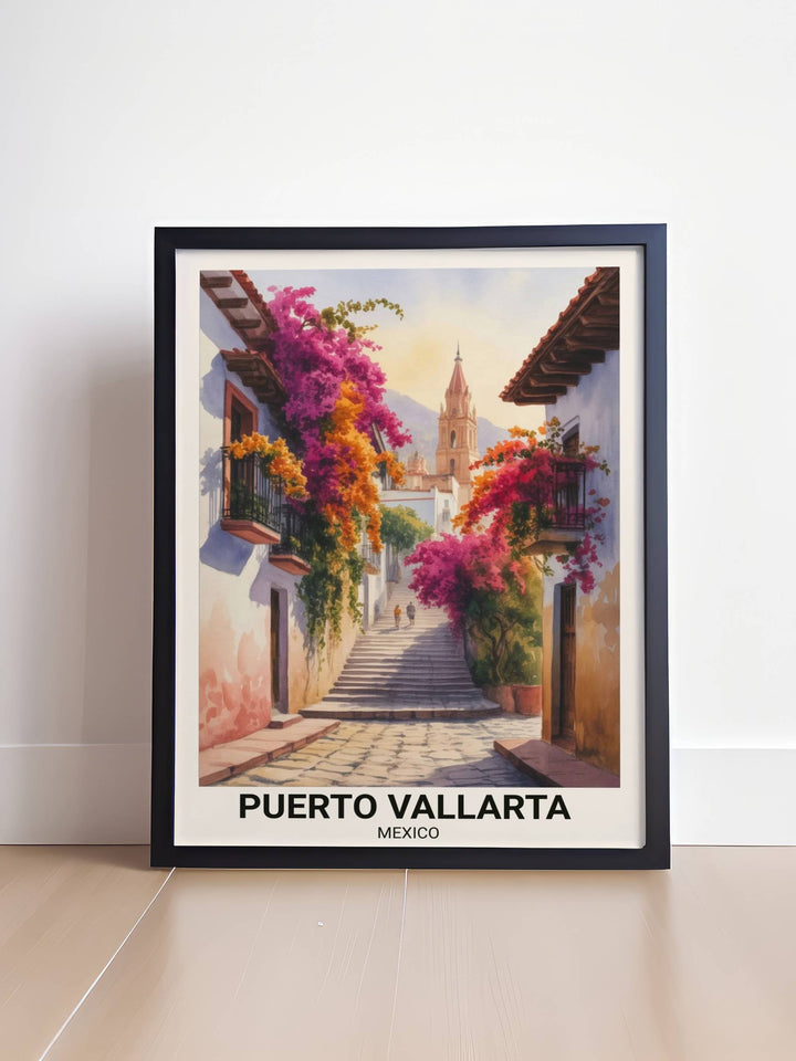 Atmospheric travel gift for Mexico enthusiasts featuring the unique architecture of Viejo Vallarta with modern serif typography and a clean white border for a gallery-ready finish.