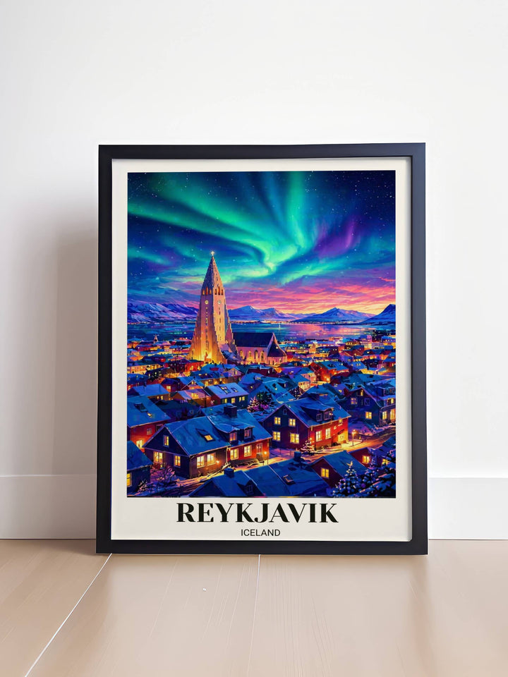 Colorful Reykjavik Iceland wall art with a dreamy palette of indigo, neon green, and molten gold, capturing the winter magic of the world&