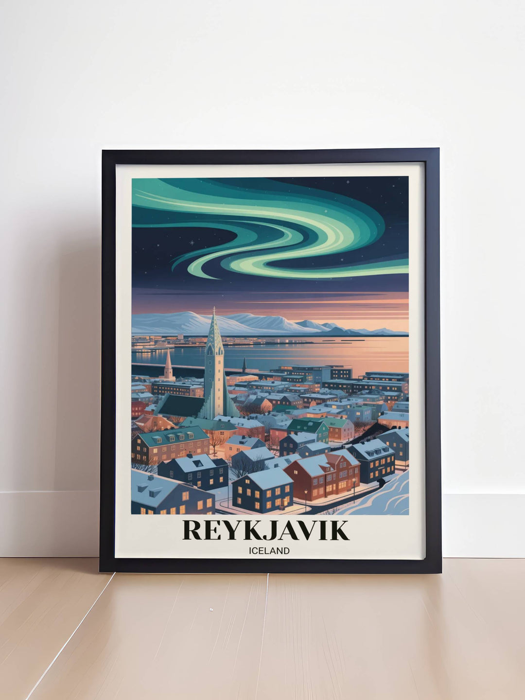 Museum quality Iceland print featuring a swirling neon green aurora borealis over snowy houses and a brightly lit stone church tower.
