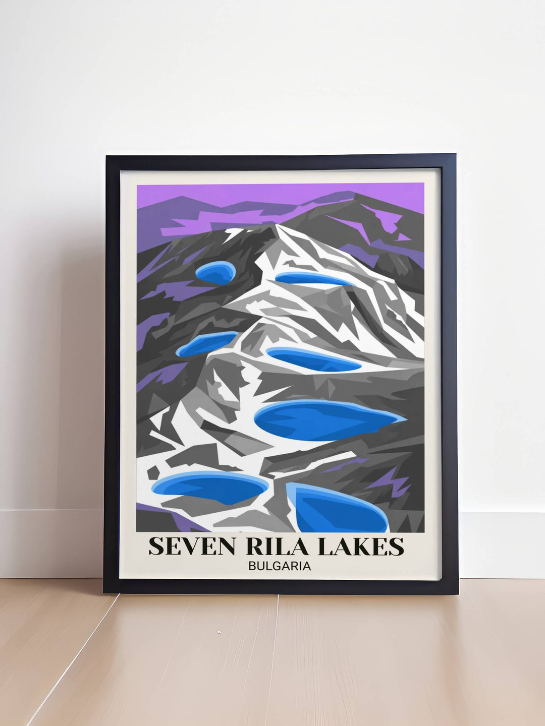 Contemporary Rila Lakes minimalist travel poster featuring bold geometric mountains, striking color palette, alpine lakes, and modern design approach
