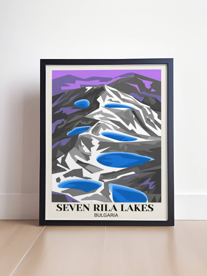 Contemporary Rila Lakes minimalist travel poster featuring bold geometric mountains, striking color palette, alpine lakes, and modern design approach
