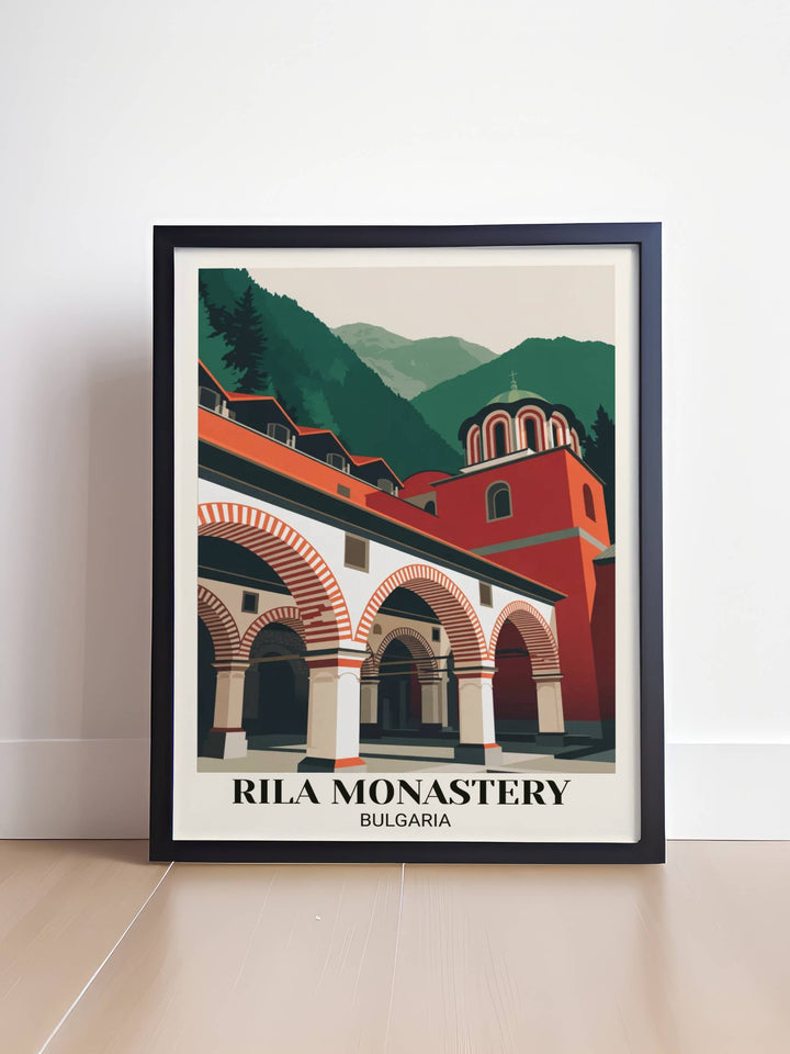 Contemporary geometric Rila Monastery poster with modern architectural representation, bold colors, minimalist composition, and digital illustration style
