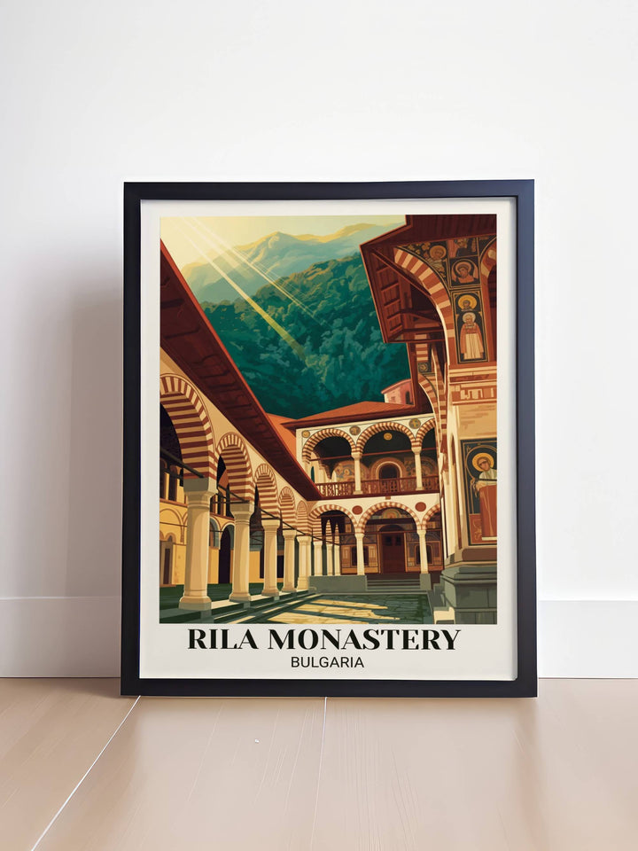 Retro Bulgaria travel poster depicting Rila Monastery with red and white arches, ornate details, mountain scenery, spiritual peaceful mood, and vintage cultural design
