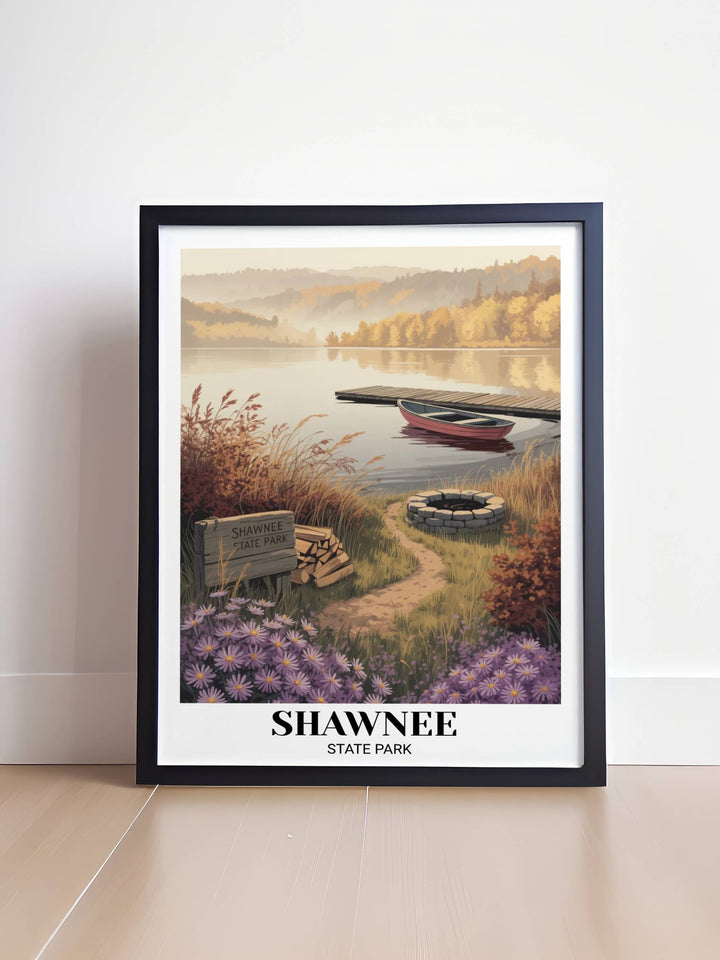 Premium Shawnee State Park landscape poster displayed in a rustic wood frame, highlighting the soft golden hour light and the hand-crafted linework of the Appalachian wilderness.