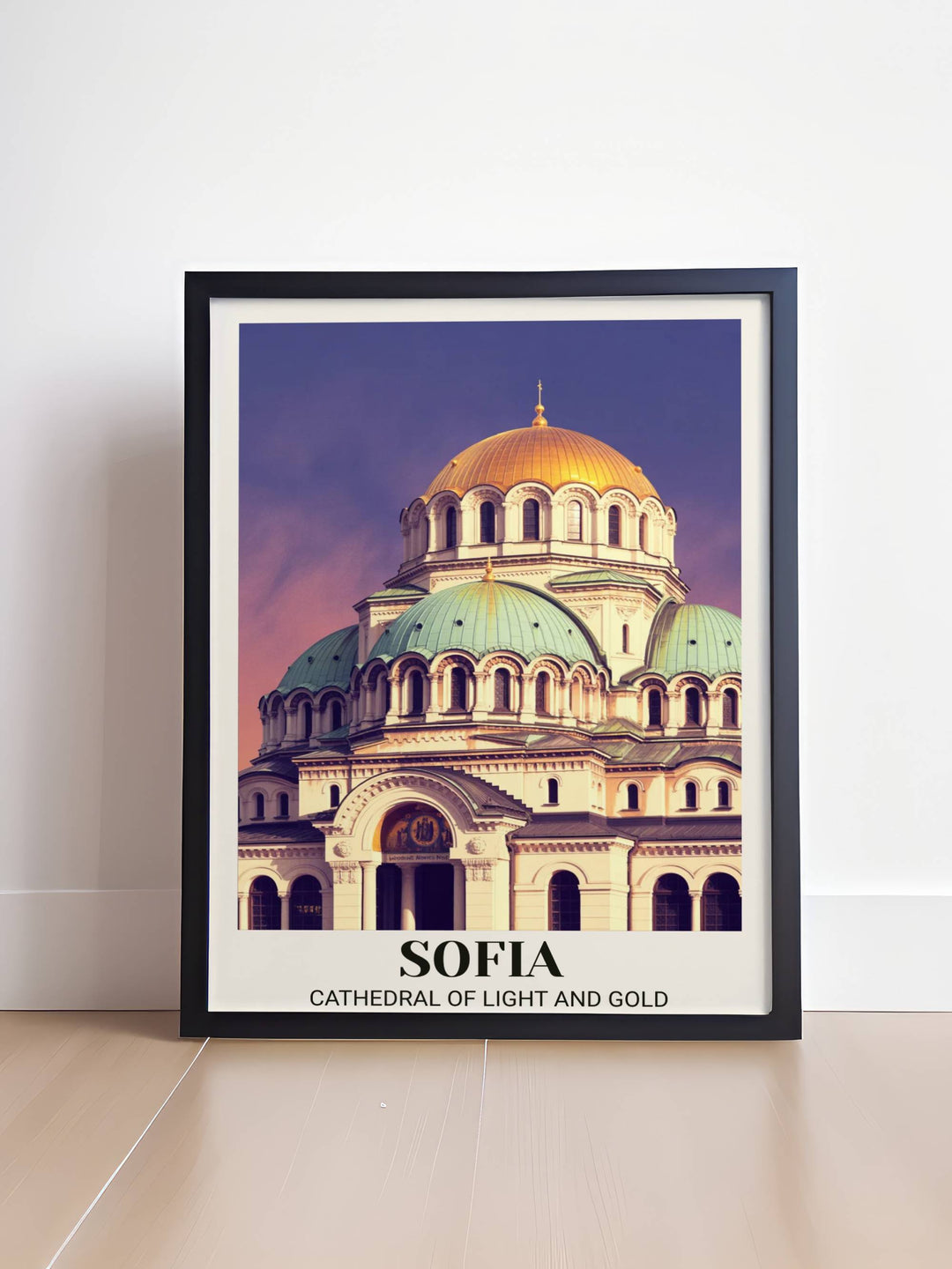 Vintage travel poster celebrating Alexander Nevski Cathedral Sofia with golden dome, Byzantine architecture, purple twilight sky, warm light, and elegant vintage heritage design
