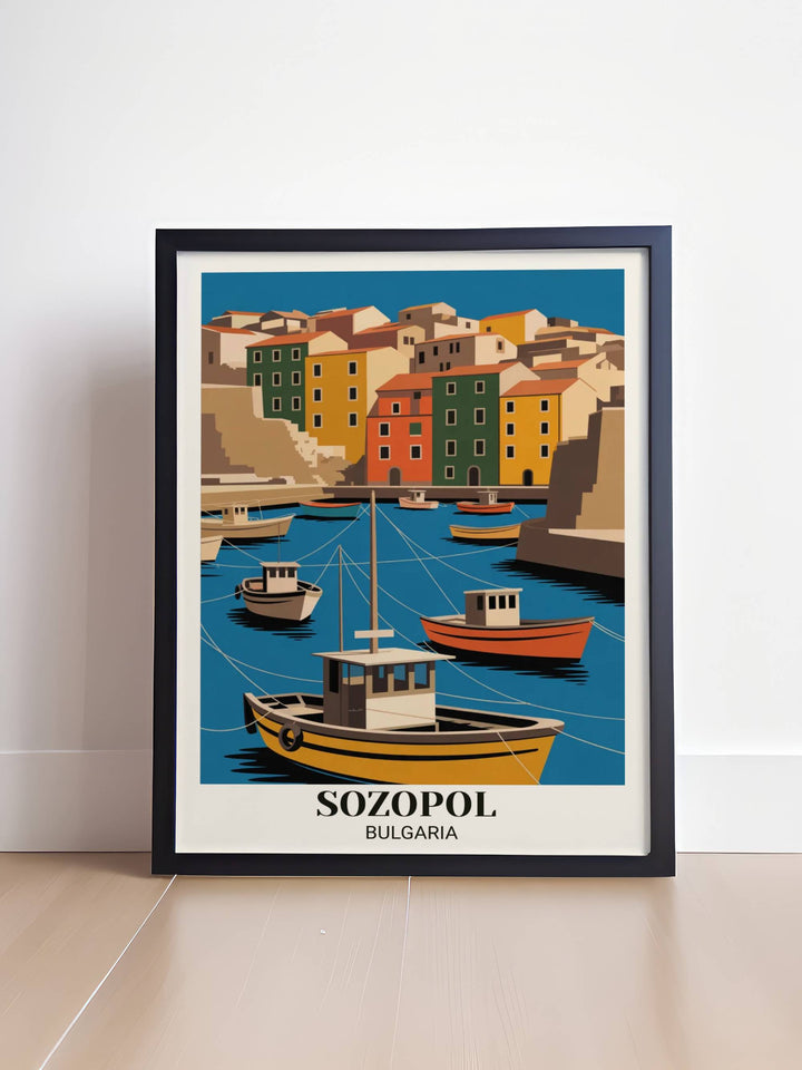 Contemporary Sozopol minimalist travel poster featuring bold geometric harbor, striking color palette, simplified architecture, and modern design approach
