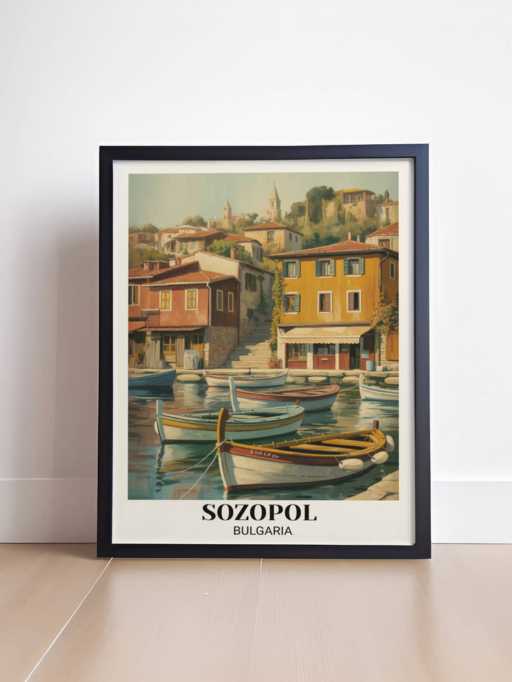 Vintage poster art of Sozopol Bulgaria showing ancient harbor town, traditional boats, colorful wooden buildings, narrow streets, and romantic impressionist coastal illustration